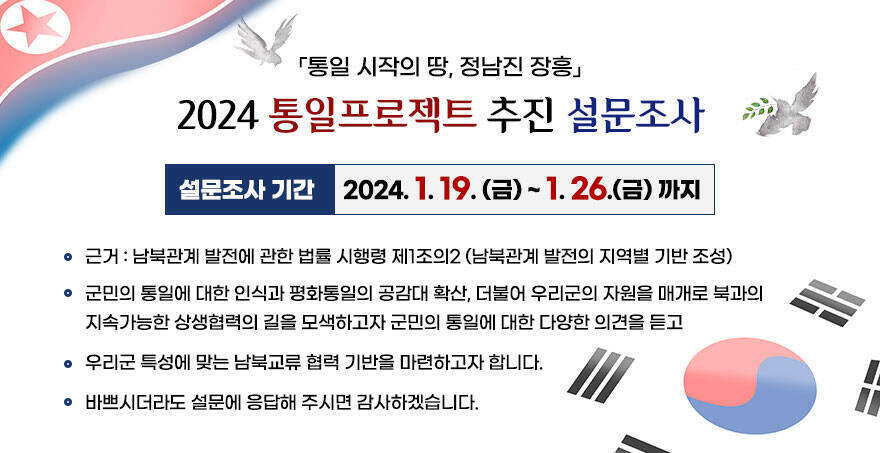 「통일 시작의 땅, 정남진 장흥」 2024 통일프로젝트 추진 설문조사 설문조사 기간:2024. 1. 19. (금) ~ 1. 26.(금) 까지 -근거 : 남북관계 발전에 관한 법률 시행령 제1조의2 (남북관계 발전의 지역별 기반 조성) -군민의 통일에 대한 인식과 평화통일의 공감대 확산, 더불어 우리군의 자원을 매개로 북과의 지속가능한 상생협력의 길을 모색하고자 군민의 통일에 대한 다양한 의견을 듣고 -우리군 특성에 맞는 남북교류 협력 기반을 마련하고자 합니다. -바쁘시더라도 설문에 응답해 주시면 감사하겠습니다.