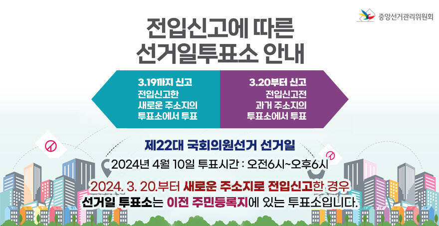 전입신고에 따른 선거일투표소 안내/ 3.19까지 신고 - 전입신고한 새로운 주소지의 투표소에서 투표 / 3.20부터 신고 - 전입신고전 과거 주소지의 투표소에서 투표 / 제22대 국회의원선거 선거일 2024년 4월 10일 투표시간 : 오전6시~오후6시 2024. 3. 20.부터 새로운 주소지로 전입신고한 경우 선거일 투표소는 이전 주민등록지에 있는 투표소입니다. 중앙선거관리위원회