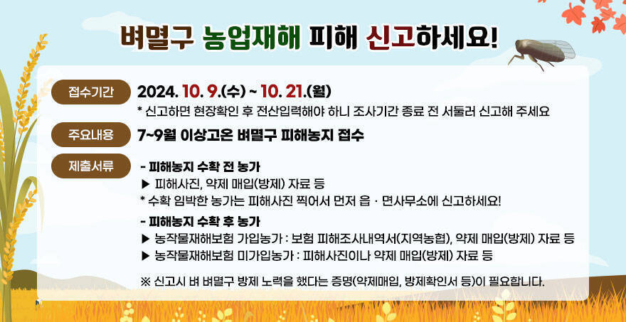 벼멸구 농업재해 피해 신고하세요! ○접수기간 : 2024. 10. 9.(수) ~ 10. 21.(월)  * 신고하면 현장확인 후 전산입력해야 하니 조사기간 종료 전 서둘러 신고해 주세요 ○주요내용 :  7~9월 이상고온 벼멸구 피해농지 접수 ○제출서류  - 피해농지 수확 전 농가 ▶피해사진, 약제 매입(방제) 자료 등 * 수확 임박한 농가는 피해사진 찍어서 먼저 읍ㆍ면사무소에 신고하세요! - 피해농지 수확 후 농가 ▶농작물재해보험 가입농가 : 보험 피해조사내역서(지역농협), 약제 매입(방제) 자료 등  ▶농작물재해보험 미가입농가 : 피해사진이나 약제 매입(방제) 자료 등      ※ 신고시 벼 벼멸구 방제 노력을 했다는 증명(약제매입, 방제확인서 등)이 필요합니다.