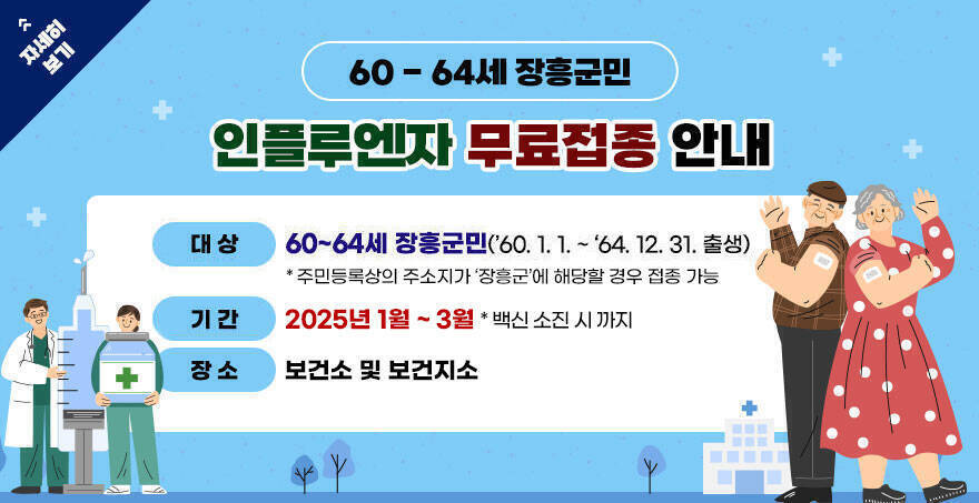 60 - 64세 장흥군민 인플루엔자 무료접종 안내 -대상:60~64세 장흥군민(’60. 1. 1. ~ ‘64. 12. 31. 출생)  * 주민등록상의 주소지가 ‘장흥군’에 해당할 경우 접종 가능 -기간:2025년 1월 ~ 3월 * 백신 소진 시 까지 -장소:보건소 및 보건지소 자세히보기