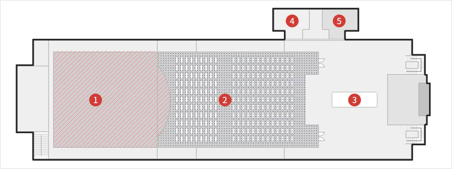 대공연장 2층 안내도이며, 왼쪽에서부터 1번 빨간색 빗금 영역은 무대, 우측으로 2번 파란색 도트무늬로 표시된 영역은 관람석, 3번은 로비, 4번은 남자화장실, 5번은 여자화장실입니다.