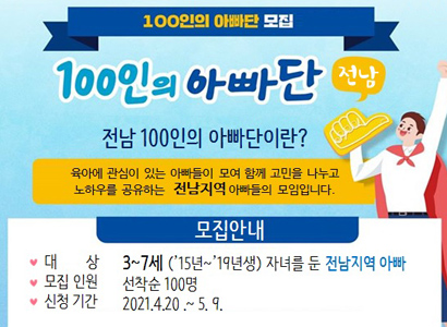 100인의 아빠단 모집 100인의 아빠단 전남 전남 100인의 아빠단이란? 육아에 관심이 있는 아빠들이 모여 함께 고민을 나누고 노하우를 공유하는 전남지역 아빠들의 모임이빈다. 모집안내 대상 : 3~7세 ('15년 ~ '19년생) 자녀를 둔 전남지역 아빠 모집인원 : 선착순 100명 신청기간 2021. 4. 20. ~ 5. 9.