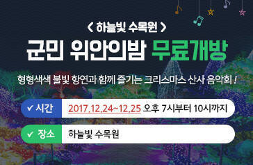 <하늘빛 수목원> 국민 위안의밤 무료개방 형형색색 불빛 향연과 함께 즐기는 크리스마스 산사 음악회! 시간:2017.12.24~12.25 오후 7시부터 10시까지 장소:하늘빛 수목원