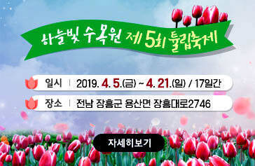 하늘빛 수목원 제5회 튤립축제, 일시 : 2019. 4. 5.(금) ~ 4. 21.(일) / 17일간, 장소 : 전남 장흥군 용산면 장흥대로2746, 자세히보기